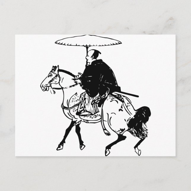 Postal Samurai que monta un caballo con el paraguas, (Anverso)