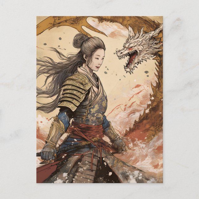 Postal Samurai y dragón de IA (Anverso)