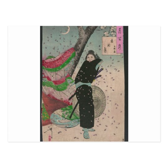 Postal Samurai y flores de cerezo circa 1800s