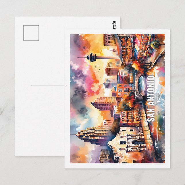 Postal San Antonio Texas Estados Unidos Famosa acuarela (Anverso / Reverso)