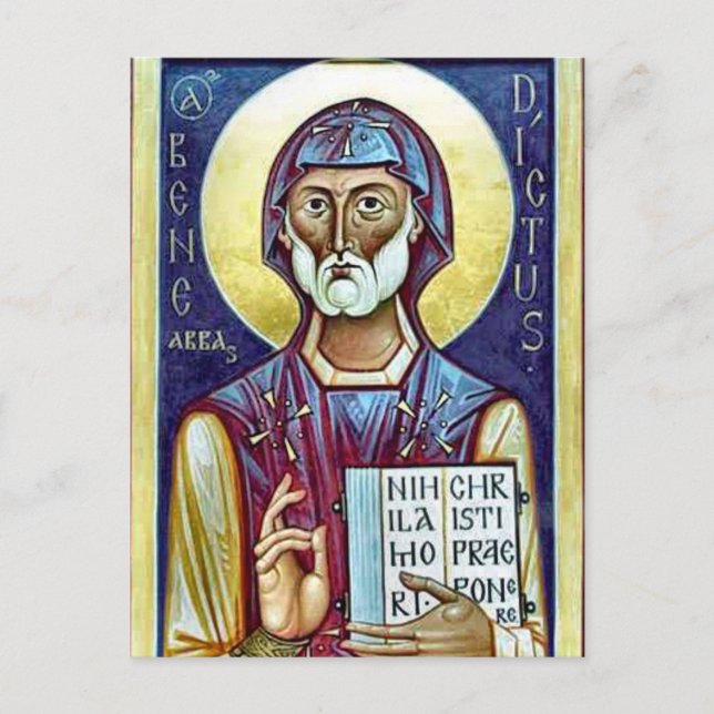 Postal San Benedicto de Nursia Ícono cristiano ortodoxo (Anverso)