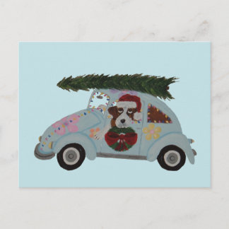 Postal San Bernardo en coche hippie en Navidad