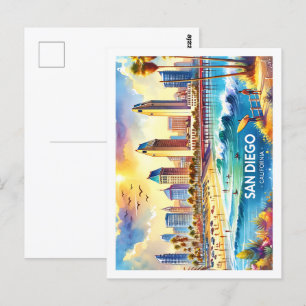 Postal San Diego California EE.UU. Famoso lugar acuarela
