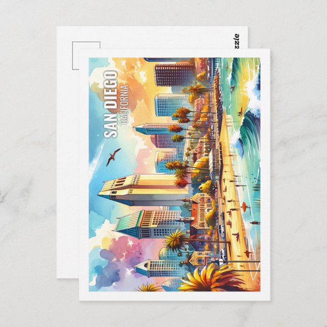 Postal San Diego California EE.UU. Famoso lugar acuarela (Anverso / Reverso)