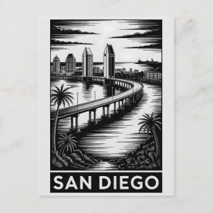 Postal San Diego California Grabado en Madera Blanco y Ne