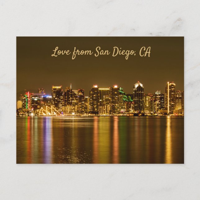 Postal San Diego Skyline Night Travel Photo Souvenir (Anverso)