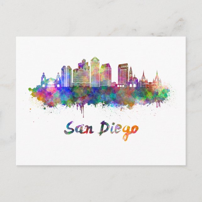 Postal San Diego V2 skyline in watercolor (Anverso)
