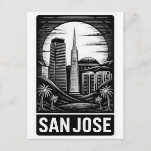 Postal San Jose California Grabado en Madera Blanco y Neg