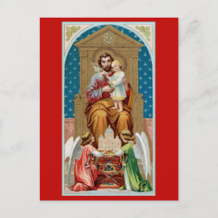 Postal San José, Niño Jesús, Ángeles con Maqueta del Vati