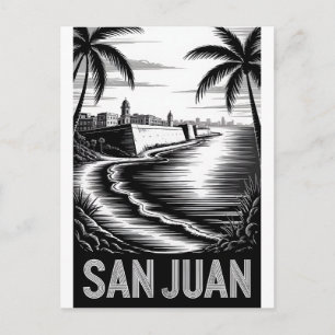 Postal San Juan Puerto Rico Grabado en Madera Blanco y Ne