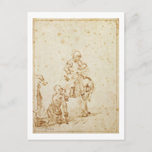 Postal San Martín y el mendigo (lápiz y tinta sobre papel