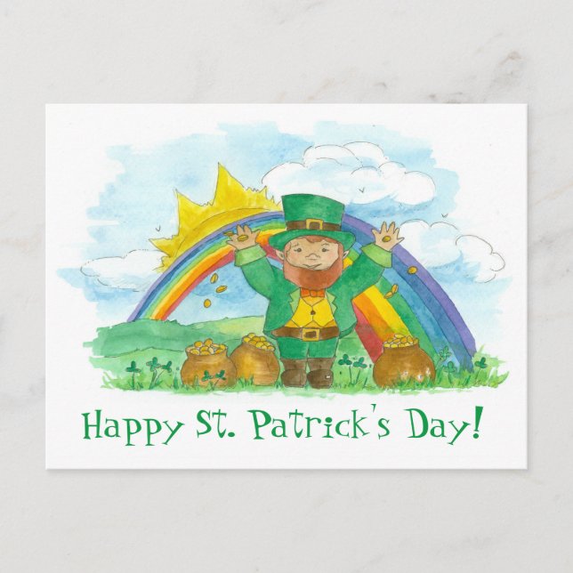 Postal San Patricio del Día de Leprechaun Arcoiris de oro (Anverso)
