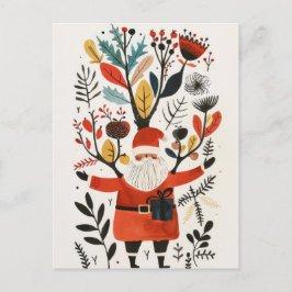 Postal Santa acuarela con flores de colores navideñas