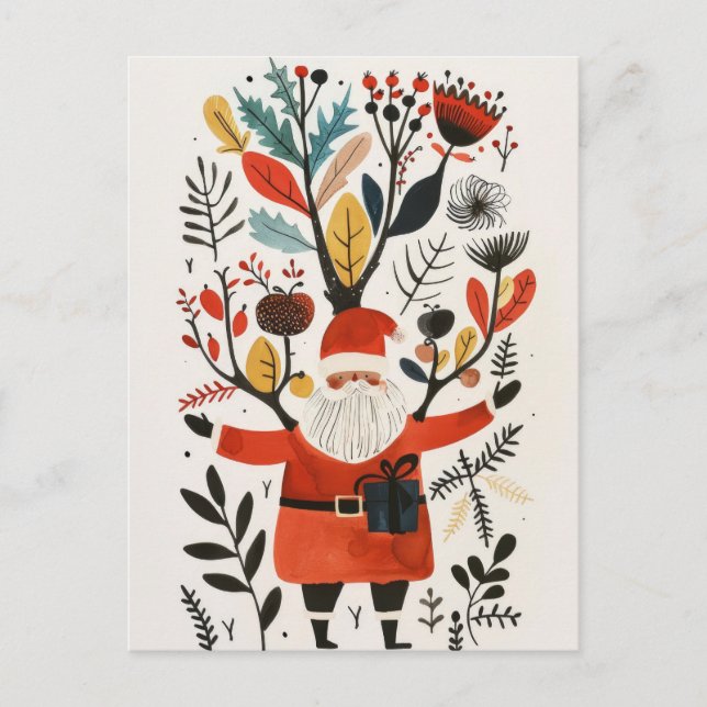 Postal Santa acuarela con flores de colores navideñas (Anverso)