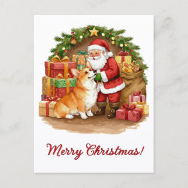 Postal Santa and Corgi Christmas Postcard