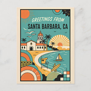 Postal Santa Bárbara CA Saludos de Viajes Retro Años 50