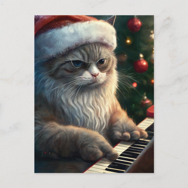 Postal Santa Cat juega al piano (Anverso)