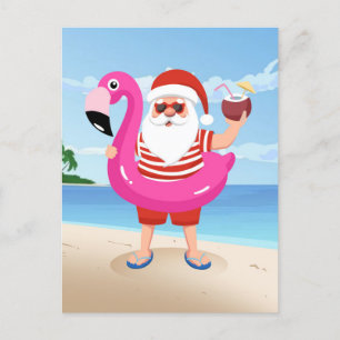 Postal Santa Claus con anillo inflable de flamingo