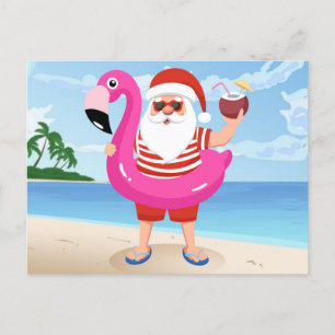 Postal Santa Claus con anillo inflable de flamingo