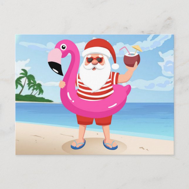 Postal Santa Claus con anillo inflable de flamingo (Anverso)