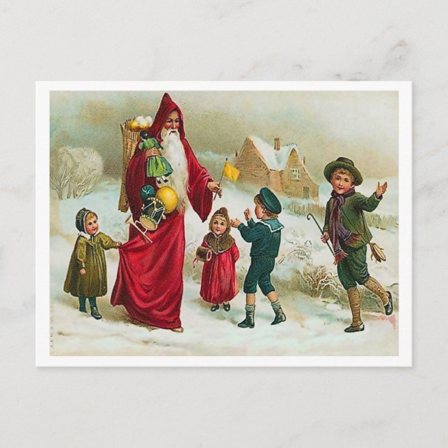 Postal Santa Claus dando juguetes a los niños buenos, cos (Anverso)