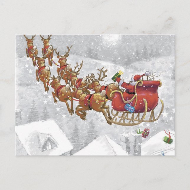Postal Santa Claus en trineo con caja de regalo (Anverso)