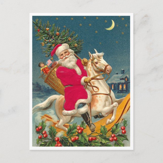 Postal Santa Claus on a wooden horse (Anverso)