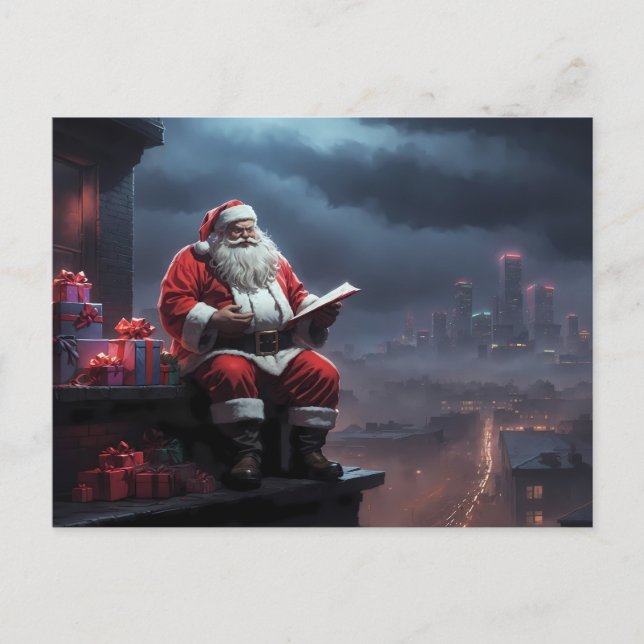 Postal santa claus sentado en el techo (Anverso)