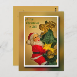 Postal Santa Claus trepando el árbol de Navidad - Vintage