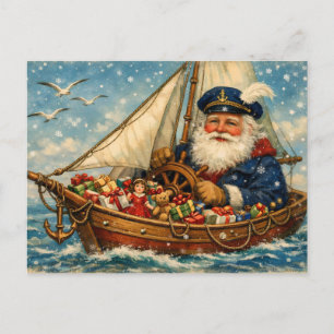Postal Santa Claus vintage en el barco con regalos