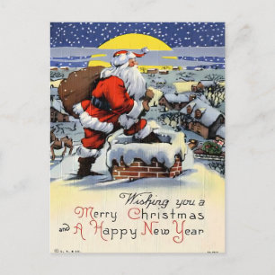 Postal Santa Claus vintage en tejado nevado