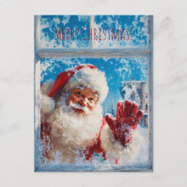 Postal Santa Claus waving cheerfully from a snowy window