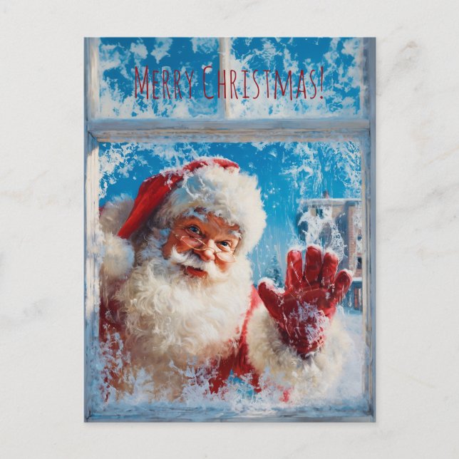 Postal Santa Claus waving cheerfully from a snowy window (Anverso)