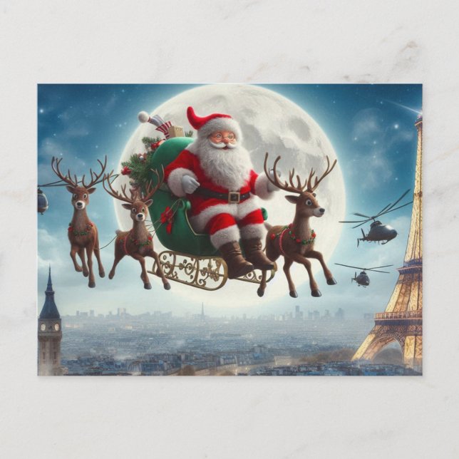 Postal Santa Claus y trineo sobre París, Francia, caprich (Anverso)
