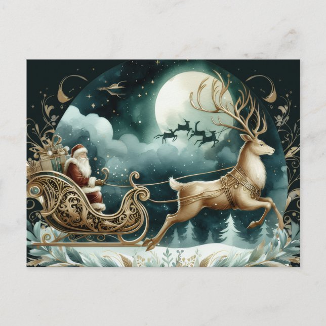 Postal Santa coming on a deer sleight Golden (Anverso)
