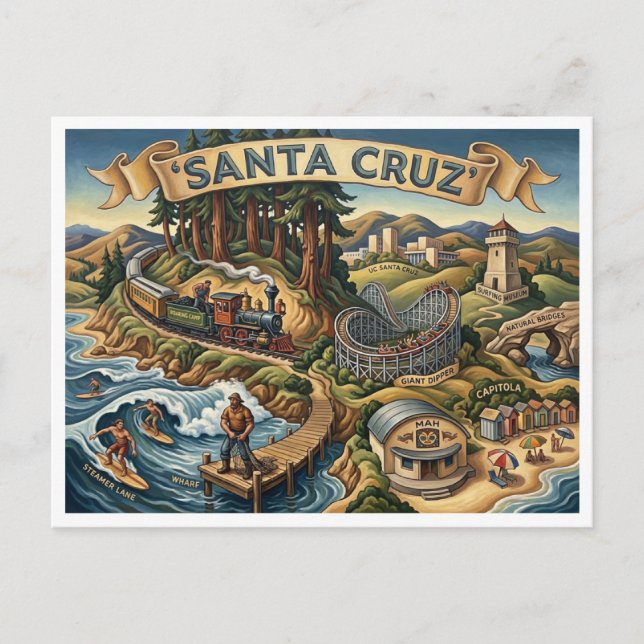 Postal Santa Cruz California Illustrated Map UCSC Wharf (Anverso)