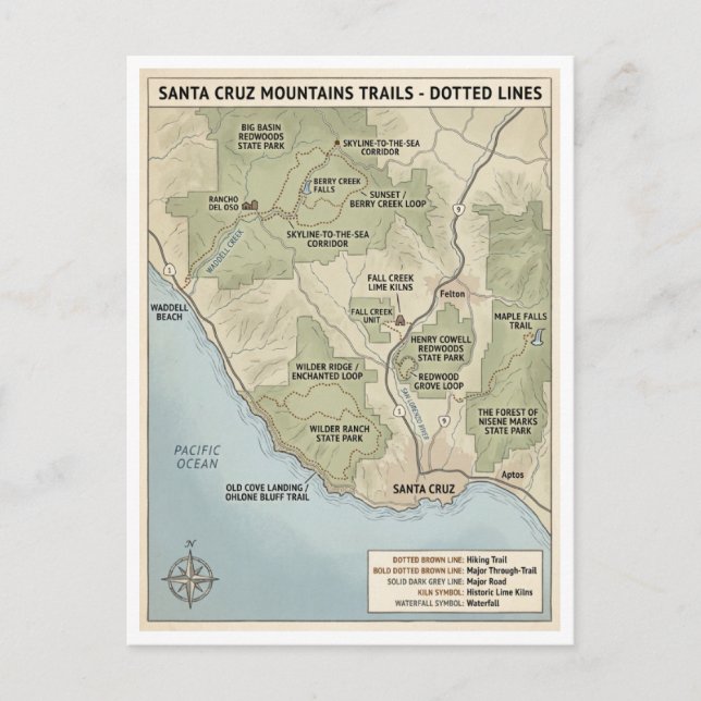 Postal Santa Cruz California Trail Map Redwood & Coastal  (Anverso)