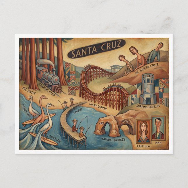 Postal Santa Cruz California Whimsical Map UCSC Boardwalk (Anverso)