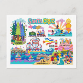Postal Santa Cruz Illustrated Map Boardwalk Beach Surfing