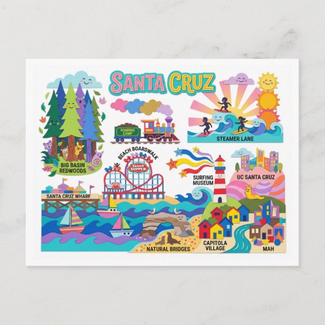 Postal Santa Cruz Illustrated Map Boardwalk Beach Surfing (Anverso)