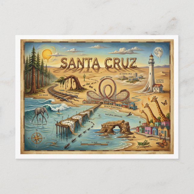 Postal Santa Cruz Pop Art Map – Bold Coastal Landmark (Anverso)