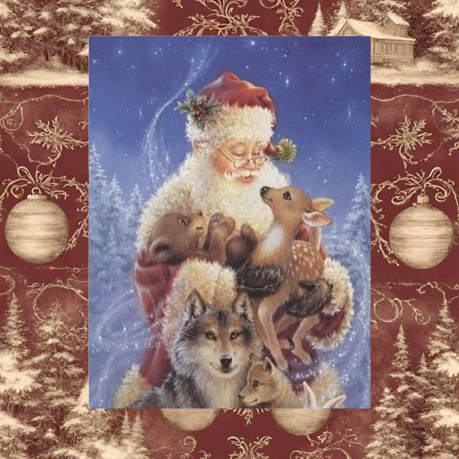 Postal Santa de la época con ciervo de oso y lobo (Santa Claus Postcard)