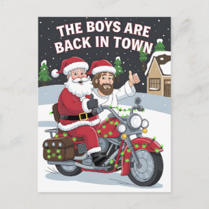 Postal Santa de Navidad Jesús en una motocicleta divertid