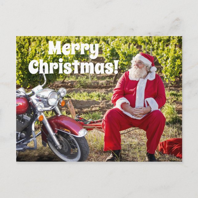 Postal Santa descansando con sus Navidades en motocicleta (Anverso)