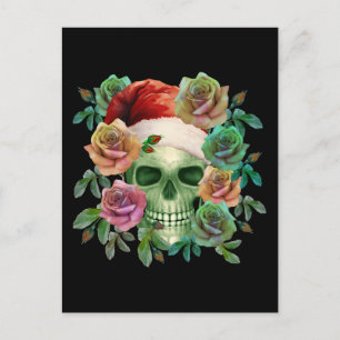 POSTAL SANTA DIVERTIDO CALAVERA VERDE Y FLORAL DE NAVIDAD