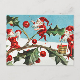 Postal Santa Elfo de Navidad Vintage y Bayas de Acebo