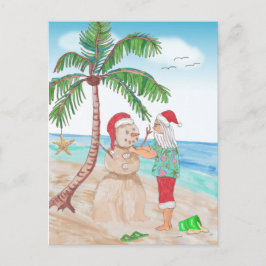 Postal Santa en la playa Un muñeco de arena