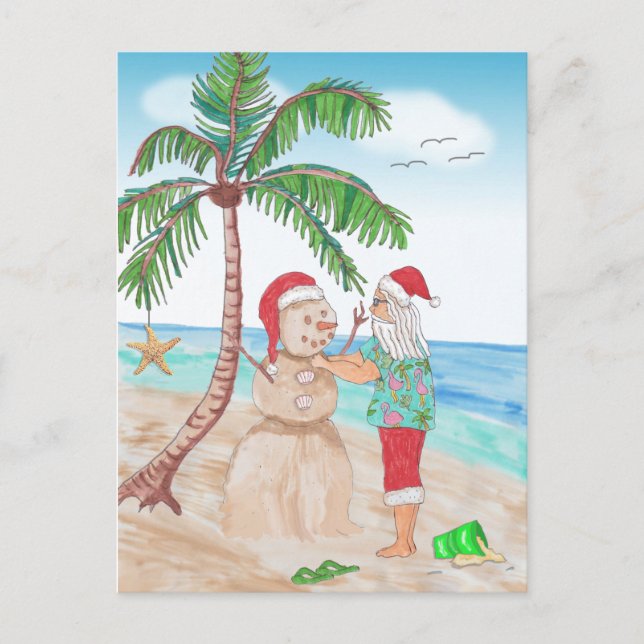 Postal Santa en la playa Un muñeco de arena (Anverso)