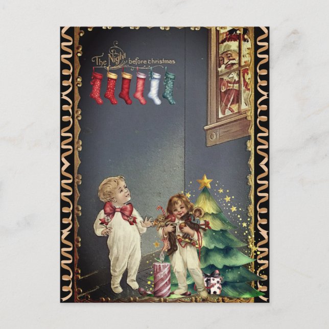 Postal Santa en la ventana niños noche antes de Navidad (Anverso)