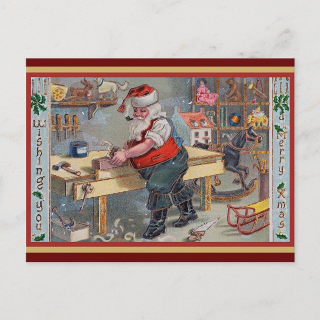 Postal Santa en su taller, Feliz Navidad, (Anverso)